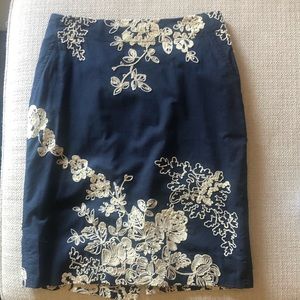 J Crew The Pencil Skirt navy/ivory embroidery sz 0